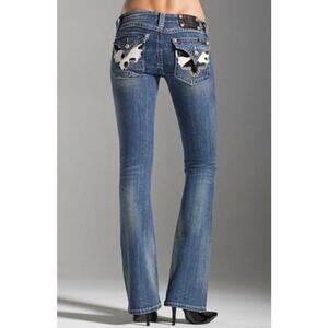 Miss Me Cowhide Patch Pocket Distressed Bootcut Low Rise Jeans Women’s Size 30